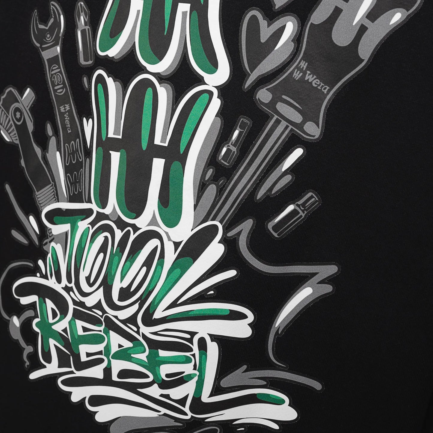 Wera Tool Rebel Pullover mit Graffiti auf dem Rücken in Nahaufnahme