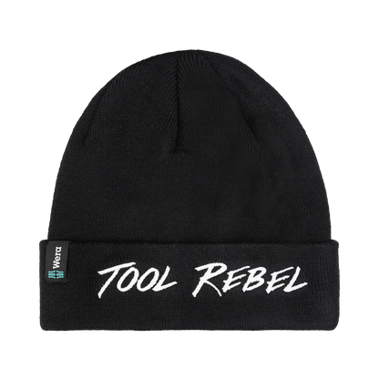  Wera Tool Rebel Shop Schwarze Beanie Mütze mit mit Wera Logo-Label und gesticktem Schriftzug Vorderansicht