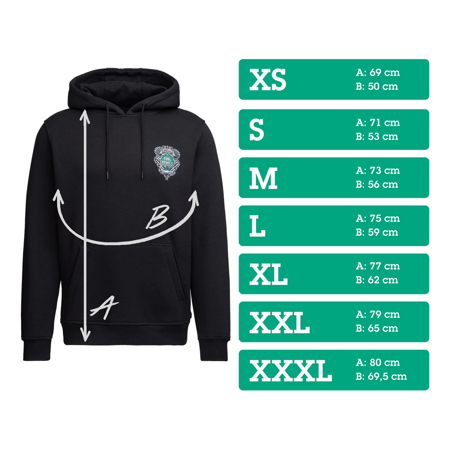 Wera Tool Rebel Merchandise Hoodie "Be a Tool Rebel" schwarz mit Logo Size Chart