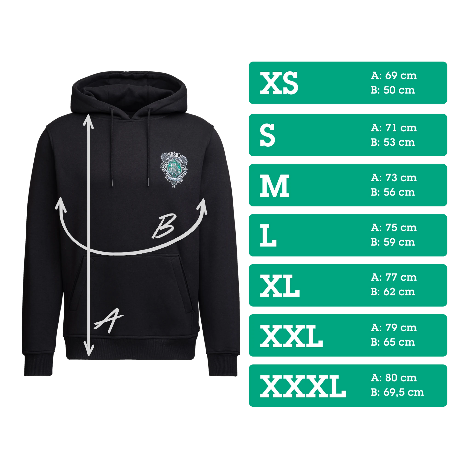 Wera Tool Rebel Merchandise Hoodie "Be a Tool Rebel" schwarz mit Logo Size Chart