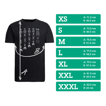 Wera Tool Rebel T-Shirt "Flaschenöffner" schwarz mit Schraubenschlüssel Aufdruck auf der Brust Size Chart