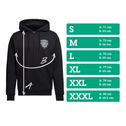 Wera Tool Rebel Merchandise Zipper "Be a Tool Rebel" Vorderseite Size Chart