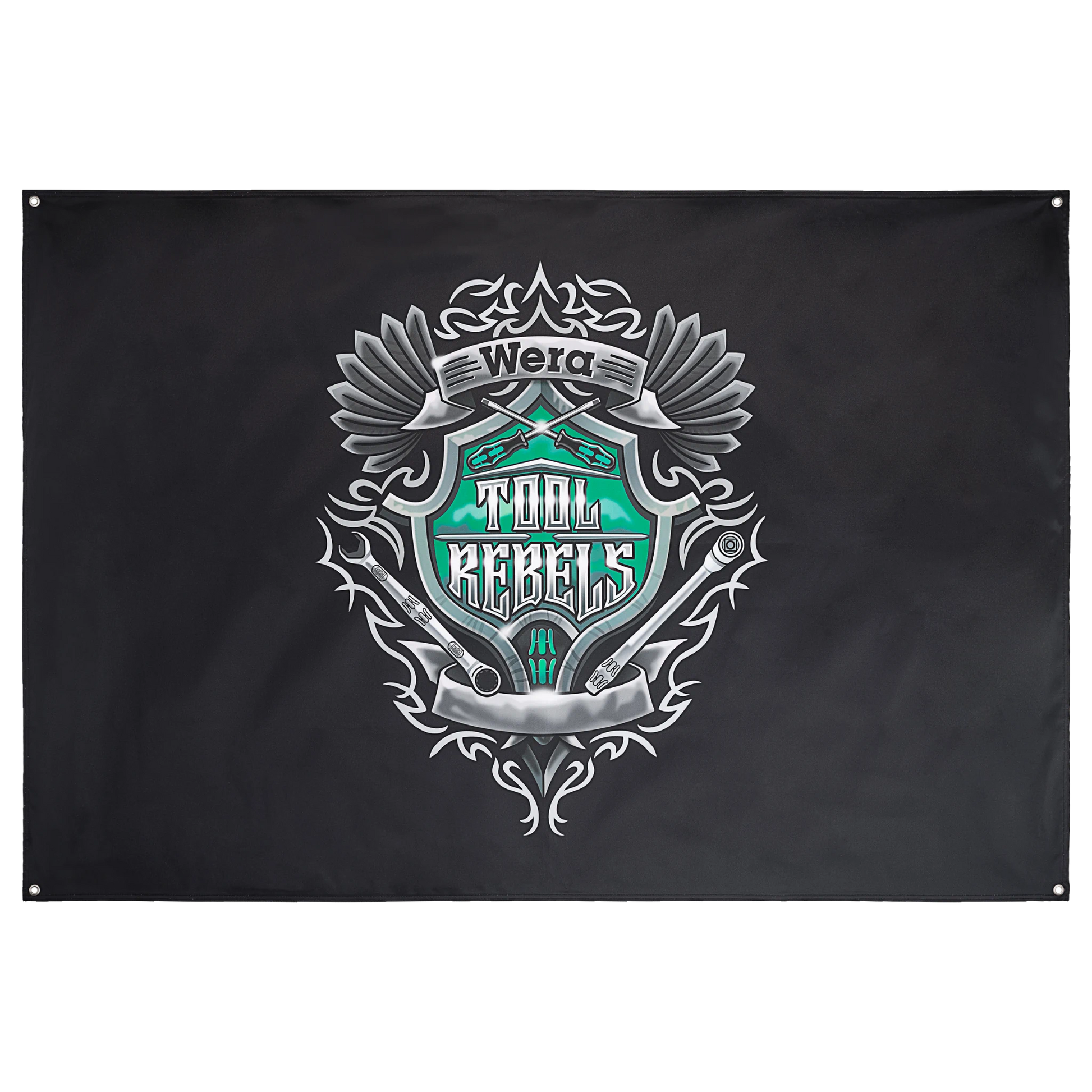 Wera Werkstattbanner mit großem Tool Rebels Wappen auf schwarzem Hintergrund 