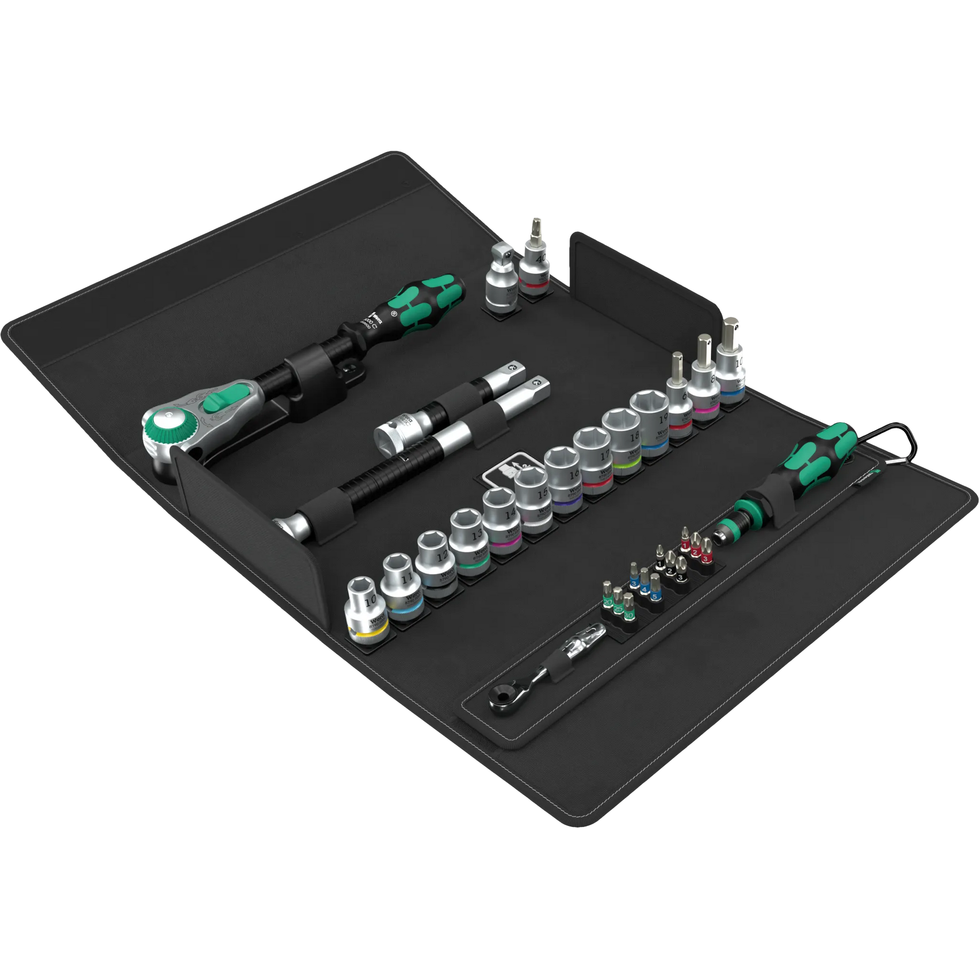 Wera Tool Rebel Shop Zyklop Speed 1/2 Zoll Knarrenset Produktbild Tasche mit Werkzeug ausgebreitet