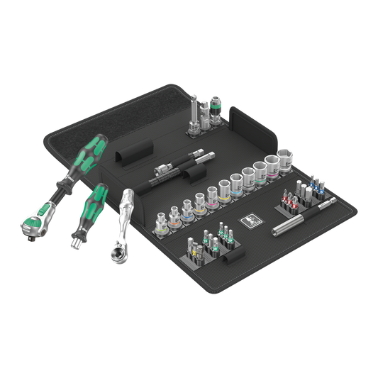 Wera Tool Rebel Knarren Set 1/4 Zoll vor aufgeklappter Tasche