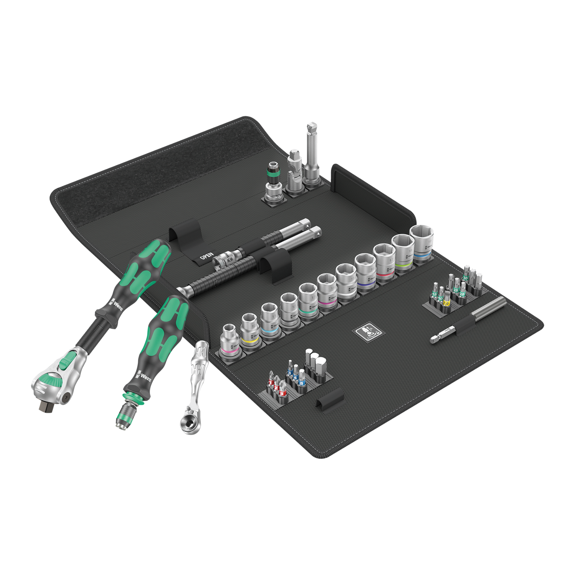 Wera Tool Rebel Knarren Set 3/8 Zoll Werkzeug vor aufgeklappter Tasche