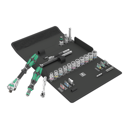 Wera Tool Rebel Knarren Set 3/8 Zoll Werkzeug vor aufgeklappter Tasche