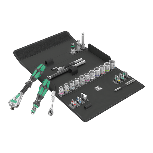 Wera Tool Rebel Knarren Set 3/8 Zoll Werkzeug vor aufgeklappter Tasche