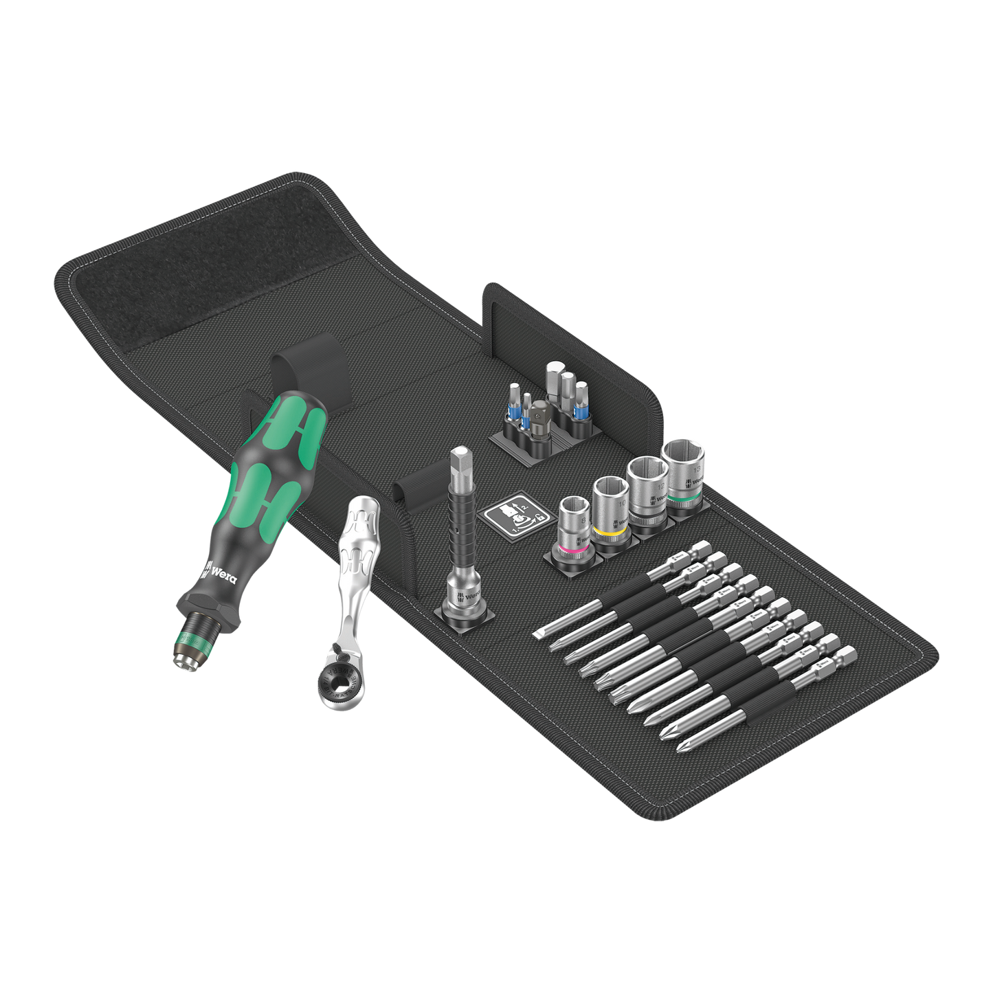 Wera Tool Rebel Schraubwerkstatt Werkzeug vor aufgeklappter Tasche