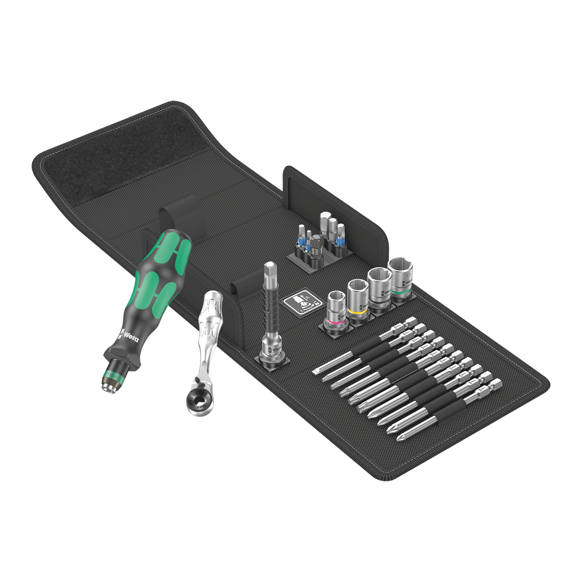 Wera Tool Rebel Schraubwerkstatt Werkzeug vor aufgeklappter Tasche